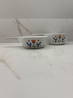 2 Vintage Corning Ware Country Festival Enamel Saucepans with Bluebirds